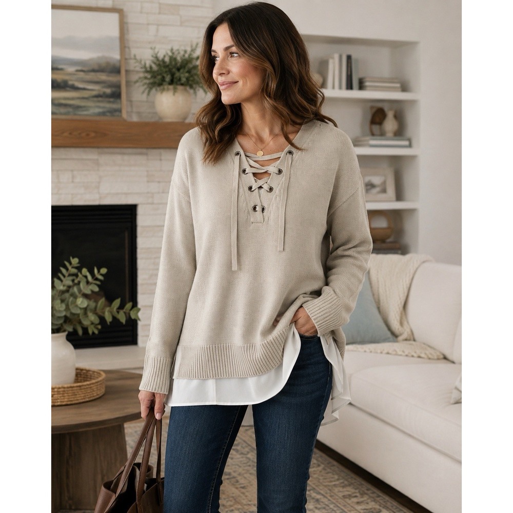 Simply Vera Vera Wang Sweater Medium Beige lace Up Front Faux Layered Hem Knit